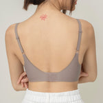 Rear view of Chantelle's Secret Tri-Cup Daily Seamless Bra in taupe, showcasing its sleek design with adjustable straps for a personalized fit.
